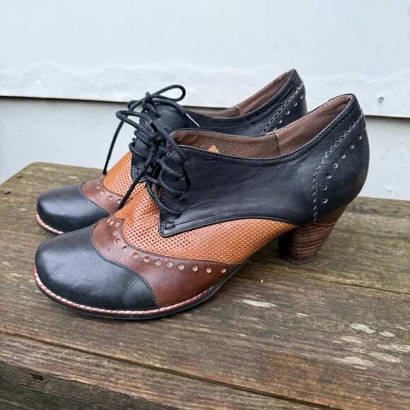 L'Artiste Spring Step Bardot derby Oxford leather colorblock heel 40 brown black - Picture 1 of 9
